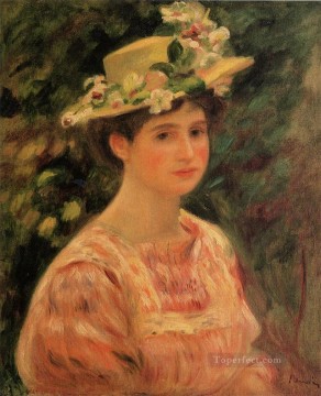  Silvestres Pintura al %C3%B3leo - Mujer joven con sombrero con rosas silvestres Pierre Auguste Renoir